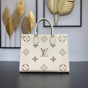 Louis Vuitton Onthego MM Bicolor Monogram Empreinte Leather Handbags Women's Tote Bag M45494 Beige