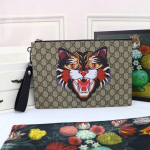 Gucci Handbags Gucci Bestiary pouch with Cat Head GG Beige Supreme Pouch Wrist Bag Clutch Bag 473904