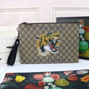 Gucci Handbags Gucci Bestiary pouch with Tiger Head GG Beige Supreme Pouch Wrist Bag Clutch Bag 473904