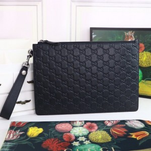 Gucci Handbags GG Black Leather Pouches GG embossed pouch Wrist Bag Clutch Bag 473950 