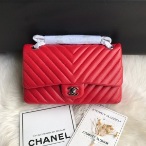 Fashion Handbags Classic Handbag Classic Flap Bag Small Chain Bag 25cm Silver-Tone Big V Pattern 1112 Red