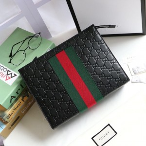 Gucci Handbags GG Black embossed Leather Web pouch Gucci Bag for Men 475316