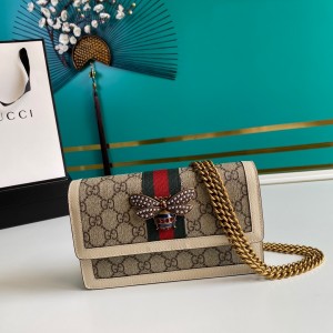 Gucci Handbags GG bag Gucci small bag Chain bag with bee GG supreme Canvas Chain wallet 476079 White