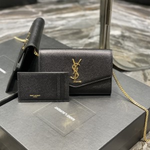 YSL Uptown Chain Wallet In Grain De Poudre Embossed Leather Mini Envelope bag 19CM 6077881 Black