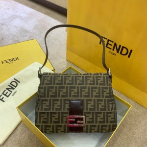 FENDI Brown Fabric Bag Small Handbag Shoulderbag 29cm 112338