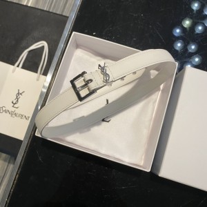 YSL Monogram Narrow Belt With Square Buckle In Smooth Leather Belt 2cm White Silver 554465