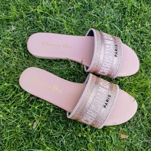Fashion Sandals Dior Dway Slide Classic Embroidered Cotton Slippers Pink and Light Purple Sandals D1006-4