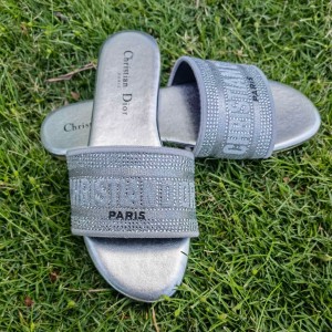 Fashion Sandals Dior Dway Slide Classic Embroidered Cotton Slippers Shiny Grey Sandals D1006-6