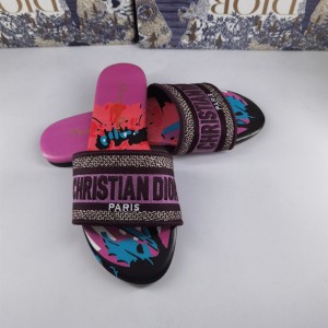 Fashion Sandals Dior Dway Slide Classic Embroidered Cotton Slippers Multicolor Sandals D1007-1