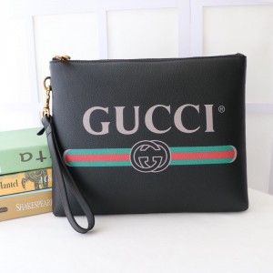 Gucci Handbags GG Black Leather Pouch Clutch Bag Wrist Bag 572770