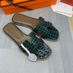 Fashion sandals H Oran sandals Classic Slippers Crocodile pattern H sandals Dark Green H01-21108-7