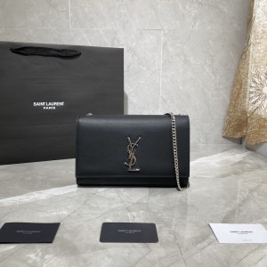 YSL Kate medium in grain de poudre cowhide leather chain purse Chain wallet 354119-Black with silver