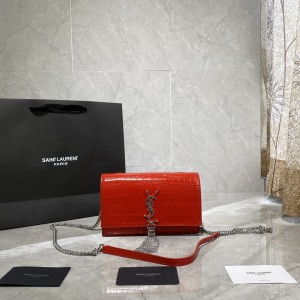 YSL Kate Chain Wallet With silver Tassel Crocodile-Embossed Leather Chain purse 452159 red