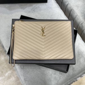 YSL Monogram Tablet Pouch in Matelasse Leather 30cm 413444 559193 Camel gold