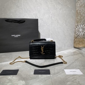 YSL Sunset Chain Wallet In Crocodile-Embossed Leather Wallet 19cm 533026 Black Gold